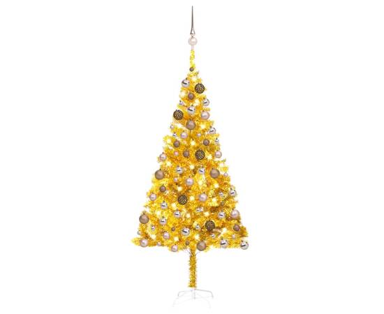 Brad de crăciun artificial cu led/globuri auriu 180 cm pet