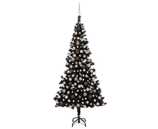 Brad de crăciun artificial cu led-uri&globuri negru 210 cm pvc