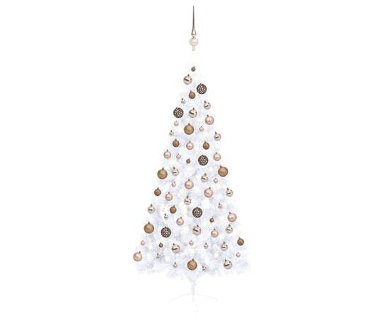 Brad de crăciun artificial jumătate led-uri&globuri alb 180 cm