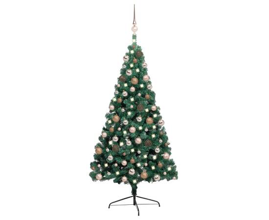 Jumătate brad crăciun artificial cu leduri&globuri verde 240 cm