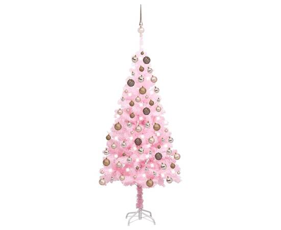 Pom de crăciun artificial cu led-uri/globuri, roz, 120 cm pvc