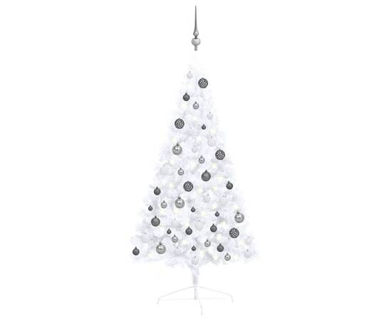 Set brad crăciun artificial jumătate led&globuri, alb, 120 cm