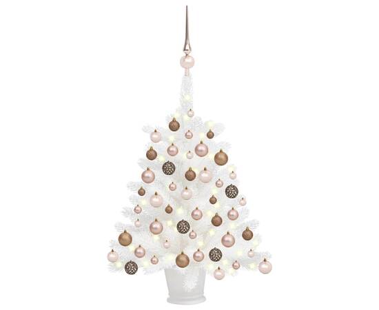 Set brad de crăciun artificial cu led-uri/globuri, alb, 65 cm