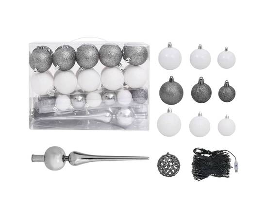 Brad de crăciun artificial cu led/globuri argintiu 180 cm pet, 5 image