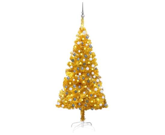 Brad de crăciun artificial cu led/globuri auriu 120 cm pet