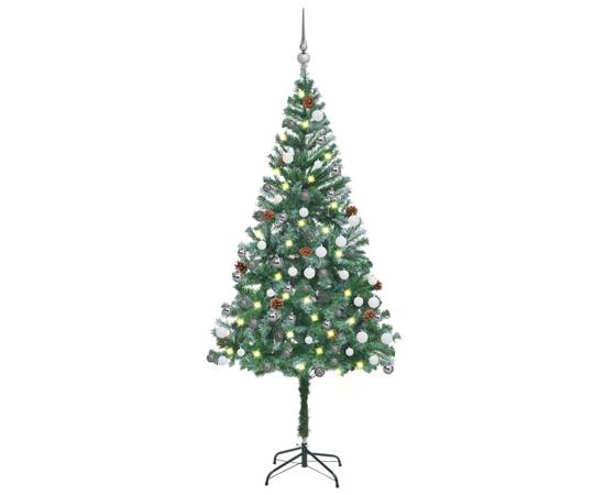 Brad de crăciun artificial cu led&globuri&conuri de pin, 180 cm