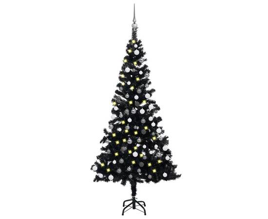 Brad de crăciun artificial led-uri/globuri negru 180 cm pvc