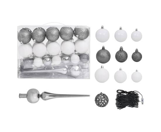 Set brad crăciun artificial cu led-uri/globuri, alb, 120 cm, 5 image