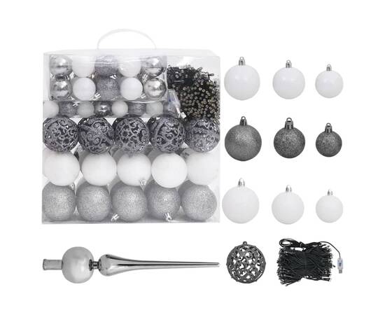 Set brad crăciun artificial cu led-uri&globuri negru 210 cm pvc, 4 image