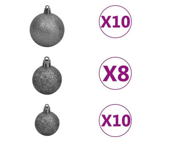 Set brad crăciun artificial cu led-uri&globuri negru 210 cm pvc, 7 image