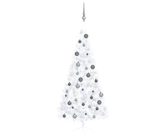 Set brad crăciun artificial jumătate cu led&globuri alb 210 cm