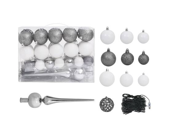 Set brad de crăciun artificial cu led-uri/globuri, alb, 150 cm, 5 image