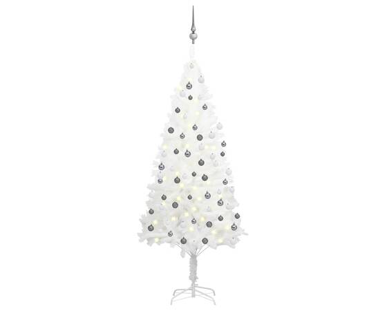 Set brad de crăciun artificial cu led-uri/globuri, alb, 180 cm