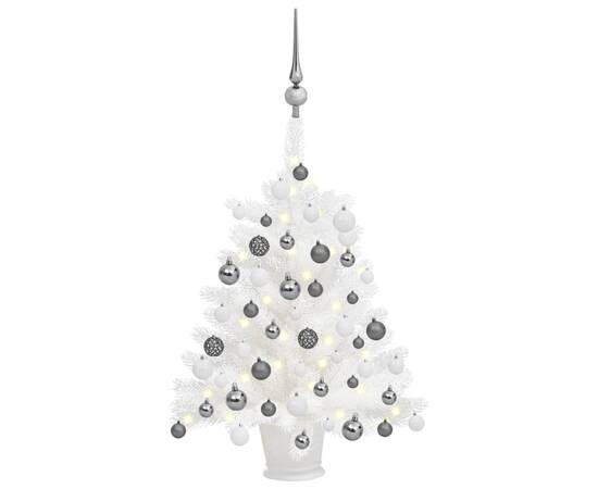 Set brad de crăciun artificial cu led-uri/globuri, alb, 65 cm