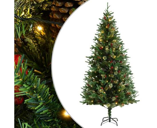 Brad de crăciun cu led-uri & conuri de pin verde 225 cm pvc&pe