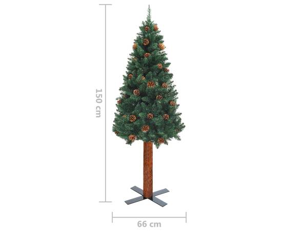 Pom crăciun artificial subțire lemn și conuri verde 150 cm pvc, 6 image