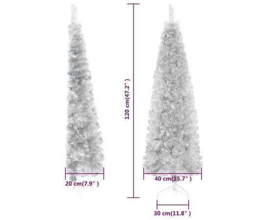 Jumătate brad de crăciun subțire cu suport, argintiu, 120 cm, 9 image