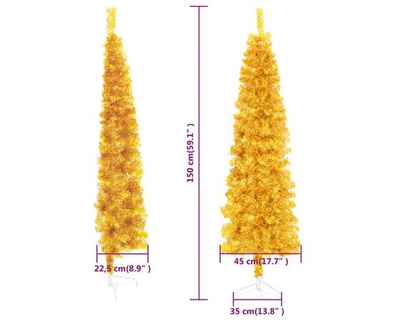 Jumătate brad de crăciun subțire cu suport, auriu, 150 cm, 9 image