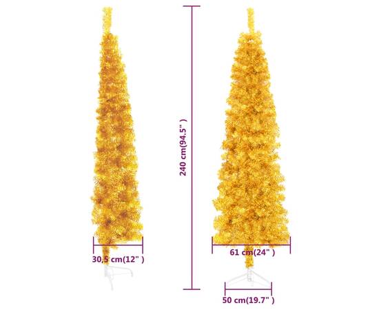 Jumătate brad de crăciun subțire cu suport, auriu, 240 cm, 9 image