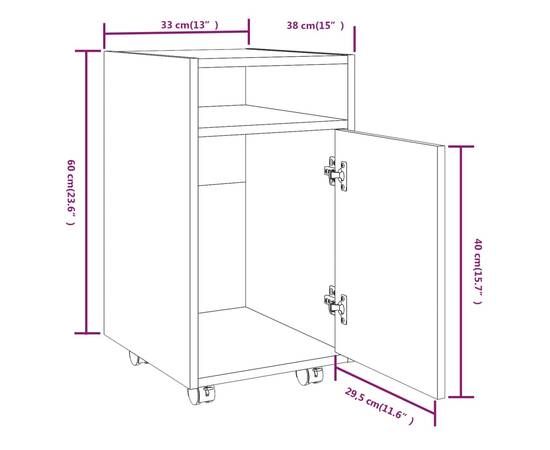 Dulap lateral cu roți gri sonoma 33x38x60 cm lemn prelucrat, 8 image