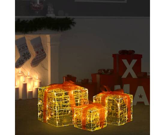 Cutii cadou de crăciun decorative, 3 buc., alb cald, acril