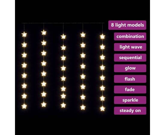 Instalație lumini tip perdea stele 200 led alb cald 8 funcții, 5 image