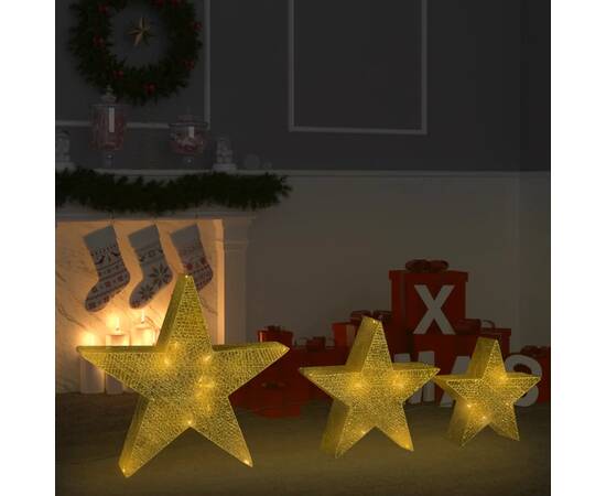Decor crăciun stele 3 buc. plasă aurie & led exterior/interior