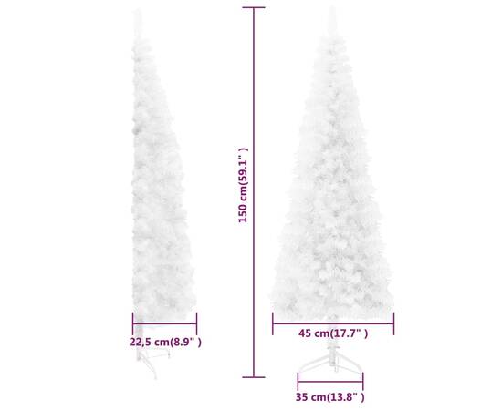 Jumătate brad de crăciun subțire cu suport, alb, 150 cm, 9 image