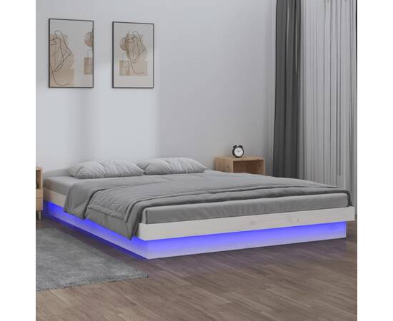 Cadru de pat cu led, alb, 140x190 cm, lemn masiv