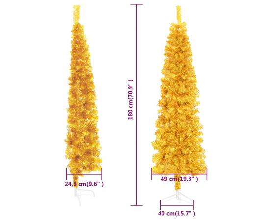 Jumătate brad de crăciun subțire cu suport, auriu, 180 cm, 9 image