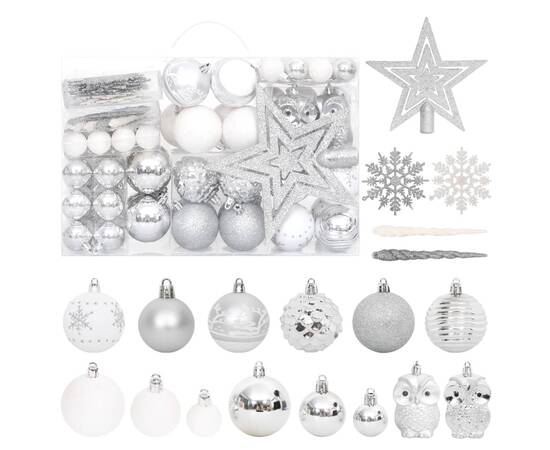 Set globuri de crăciun, 108 piese, argintiu și alb