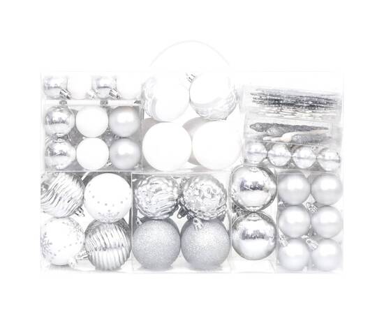 Set globuri de crăciun, 108 piese, argintiu și alb, 2 image