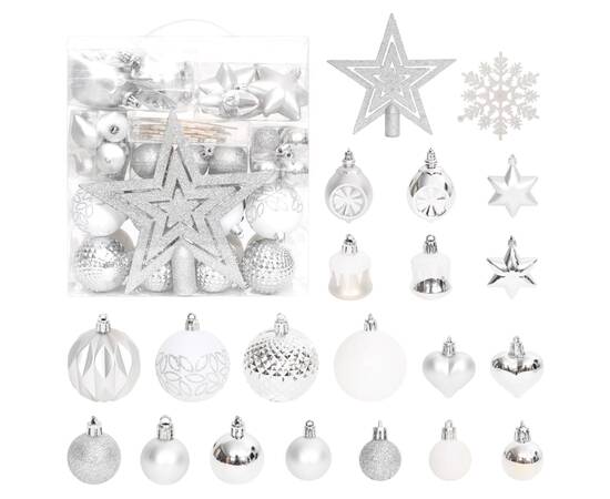 Set globuri de crăciun, 70 piese, argintiu și alb