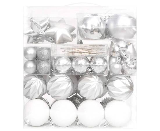 Set globuri de crăciun, 70 piese, argintiu și alb, 3 image