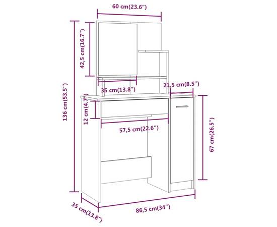 Masă de toaletă cu oglindă, gri beton, 86,5x35x136 cm, 9 image