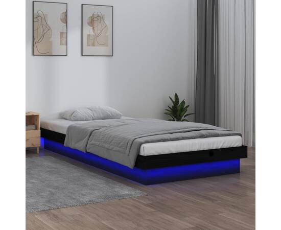 Cadru de pat led, negru, 100x200 cm, lemn masiv de pin