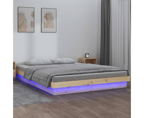 Cadru de pat small double 4ft cu led, 120x190 cm, lemn masiv