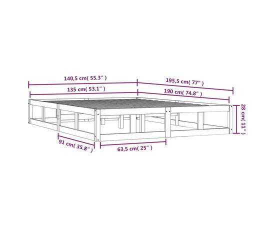 Cadru de pat dublu 4ft6, 135x190 cm, lemn masiv, 9 image