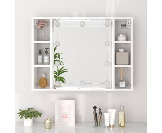 Dulap cu oglindă și led, alb extralucios, 76x15x55 cm, 5 image