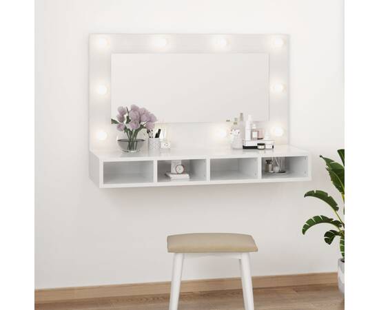 Dulap cu oglindă și led, alb extralucios, 90x31,5x62 cm