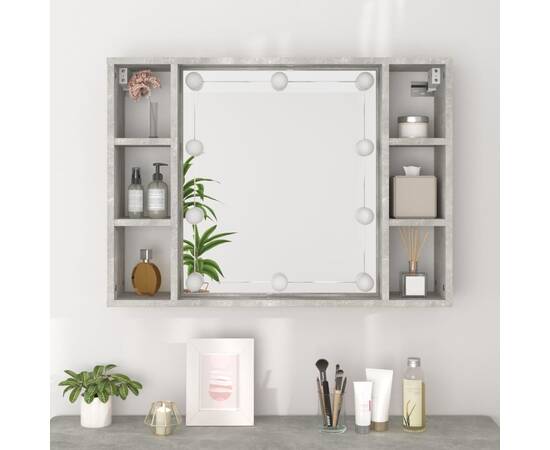 Dulap cu oglindă și led, gri beton, 76x15x55 cm, 5 image