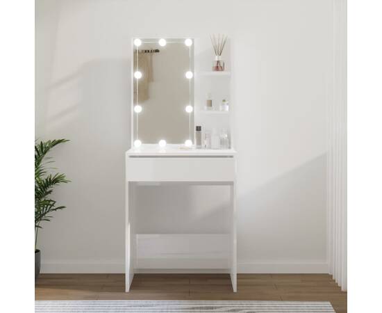 Masă de toaletă cu led, alb extralucios, 60x40x140 cm