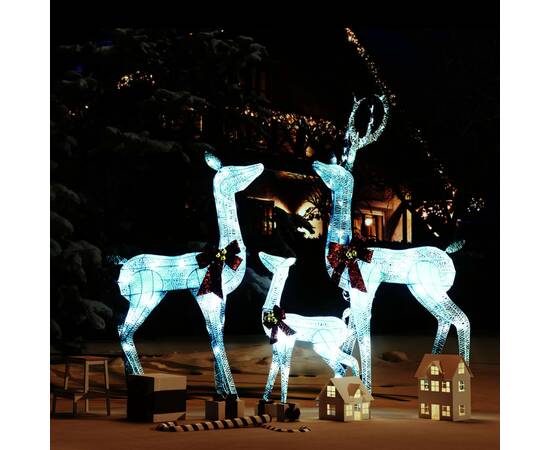 Decorațiune de crăciun familie de reni 201 led-uri alb/argintiu