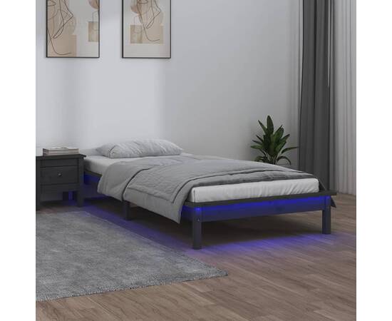 Cadru de pat cu led, gri, 100x200 cm, lemn masiv