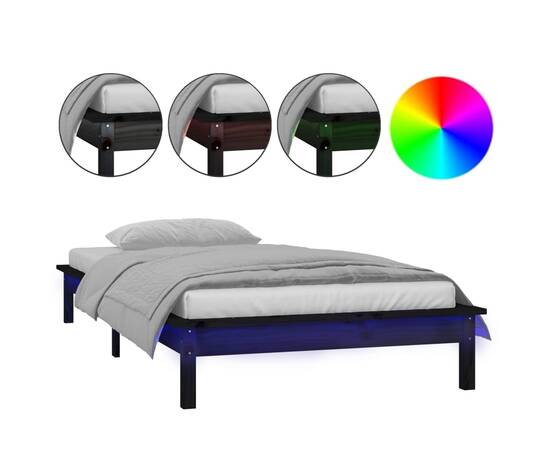 Cadru de pat cu led, negru, 90x200 cm, lemn masiv, 2 image