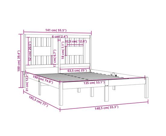 Cadru de pat dublu 4ft6, gri, 135x190 cm, lemn masiv, 6 image