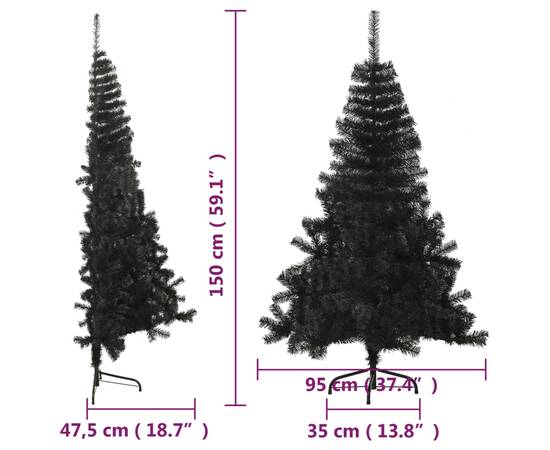 Jumătate de brad de crăciun cu suport, negru, 150 cm, pvc, 9 image