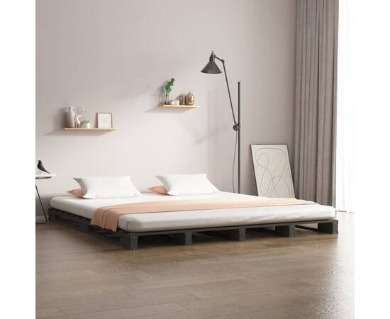 Cadru de pat dublu 4ft6, gri, 135x190 cm, lemn masiv de pin