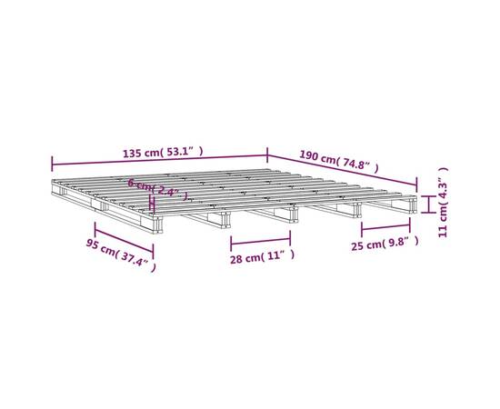 Cadru de pat dublu 4ft6, gri, 135x190 cm, lemn masiv de pin, 8 image