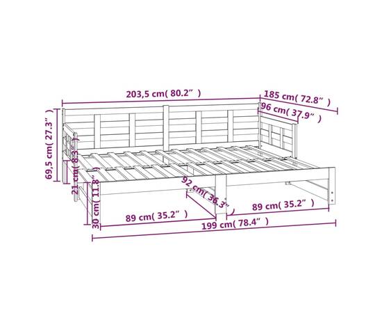 Pat de zi extensibil, negru, 2x(90x200) cm, lemn masiv de pin, 10 image